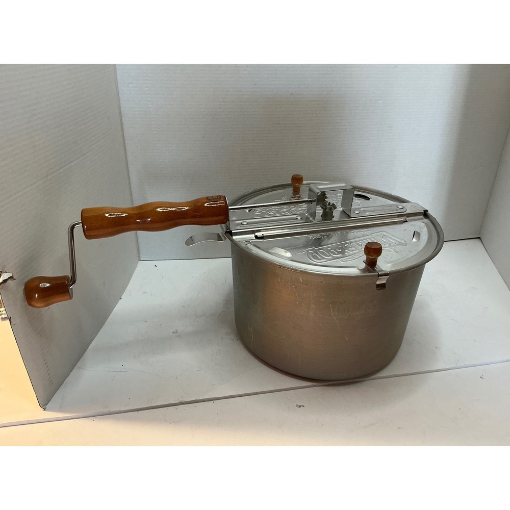 Whirley-Pop Vintage Stovetop Popcorn Popper Aluminum Wood Handle Silver 6qt